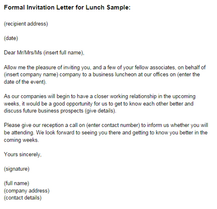 Email Letter Invitation Invitation Letter for Lunch Formal