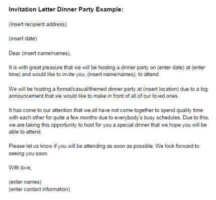 Email Letter Invitation Example of a Dinner Party Invite