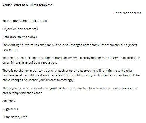 Letter of advice to business template
