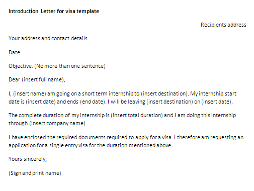 Letter of introduction for a visa template