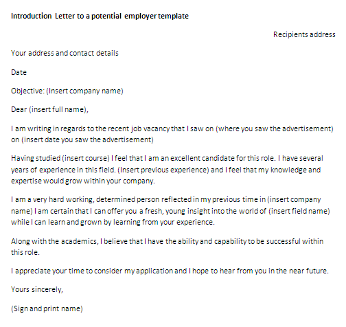 Letter of introduction to a potential employer template