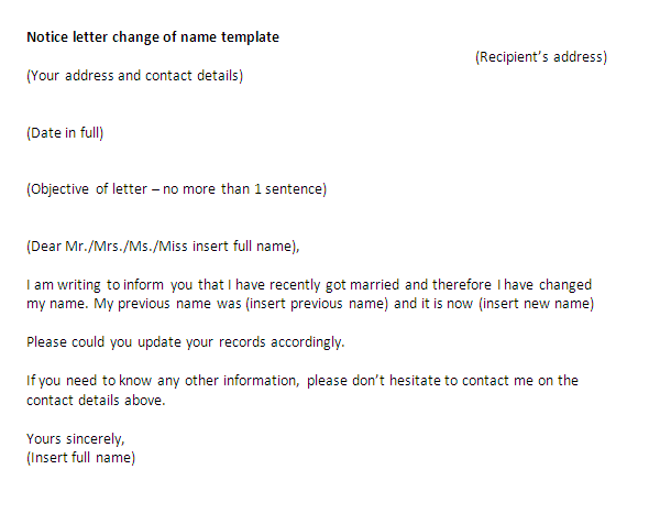 Change of name notice letter template