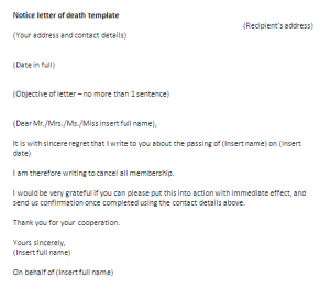 Letter of notice of death template