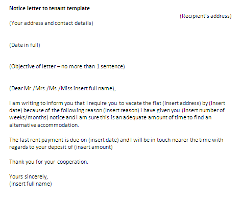 Letter of notice to tenant template
