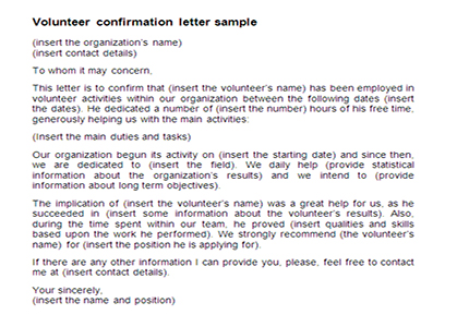 Confirmation letter for volunteer work template