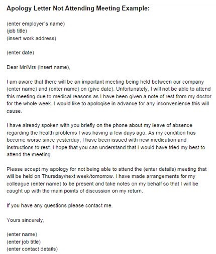 Apology Letter Not Attending Meeting Example | Just Letter Templates