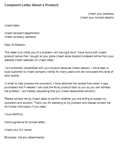 Letter of Complaint for a Product