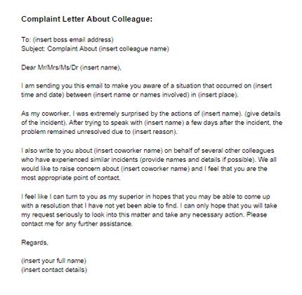 Complaint Letter About a Colleague