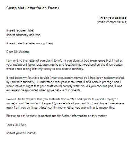 Exam Sample Complaint Letter
