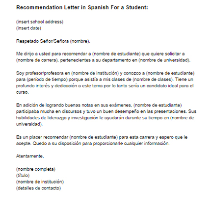 Spanish Recommendation Letter for a Student