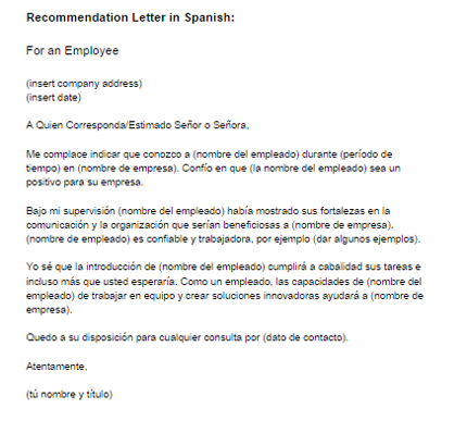 Spanish Recommendation Letter for an Employee