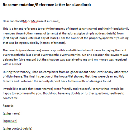 Landlord Referent Letter