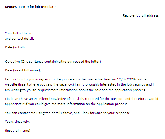 Letter of Request template for a job