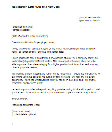 Resignation Letter for Leaving for a New Job