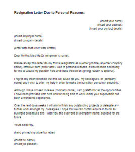 Letter of Resignation Personal Reasons