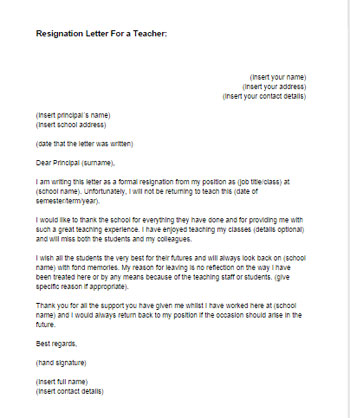 Letter of Resignation for a Teacher
