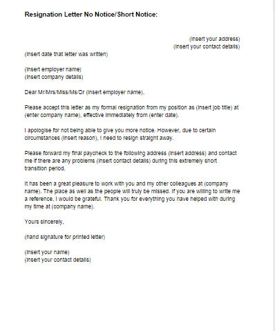 Resignation Letter Without Notice Period from justlettertemplates.com
