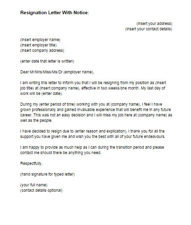 Resignation Letter Giving Notice