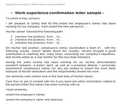 Confirmation letter for work experience template